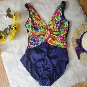 VINTAGE SUN STREAK UNION LABEL FLORAL ONE PIECE SWIMSUIT 1970's